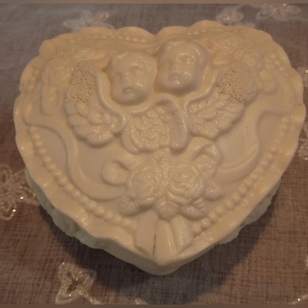 Vintage Bisque Heart Shaped Cherub with Roses Trinket Dish Ruffled Lid